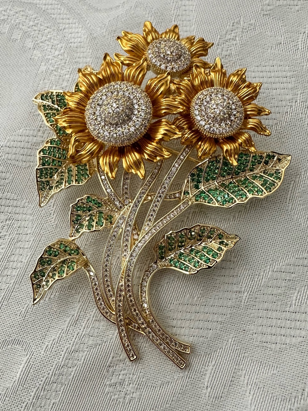 Gold Plated Sunflower CZ Brooch Pin Elegant Floral Statement